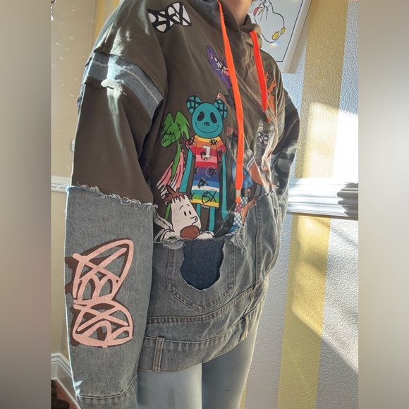 Graphic Patchwork Hoodie with Orange Accents - Picture 3 of 9